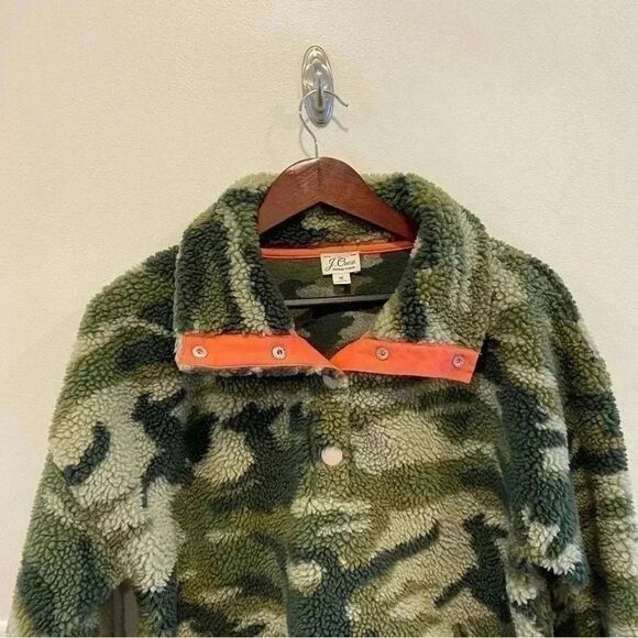 J. Crew fleece Sherpa Snap Collar pullover sweatshirt womens size medium Camo - Picture 4 of 10